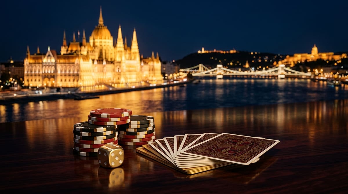 Casino-Jetons, Würfel und Spielkarten auf einem Tisch mit dem beleuchteten ungarischen Parlament und der Kettenbrücke in Budapest im Hintergrund bei Nacht.