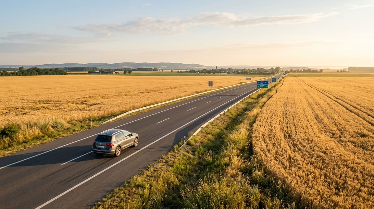 Ein silbernes Auto auf einer zweispurigen Schnellstraße durch weite Getreidefelder bei warmem Abendlicht, grüne Autobahnwegweiser im Hintergrund.